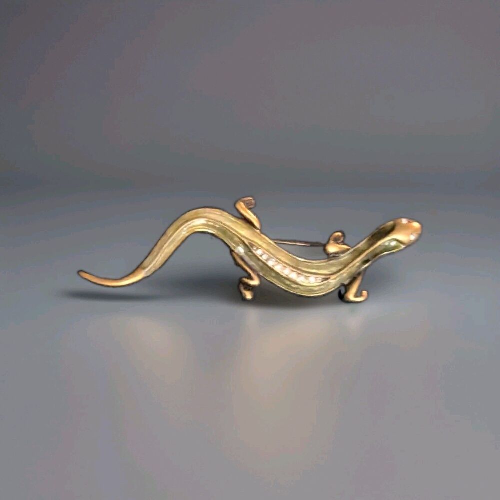 Vintage Gold Tone Lizard Brooch Rhinestone Spine Gecko Salamander Pin
